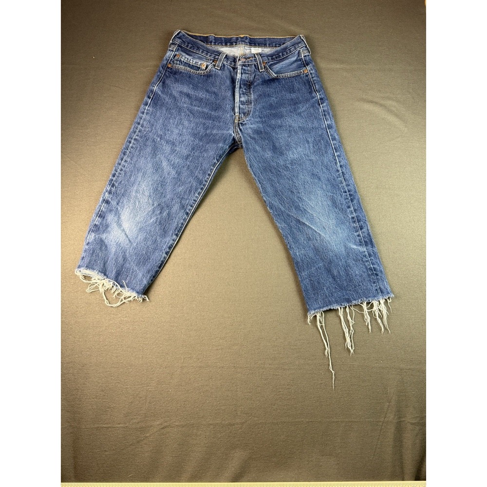 Levis Womens Custom Capri Jeans 29x20 Blue Button Fly Distressed Raw Hem
